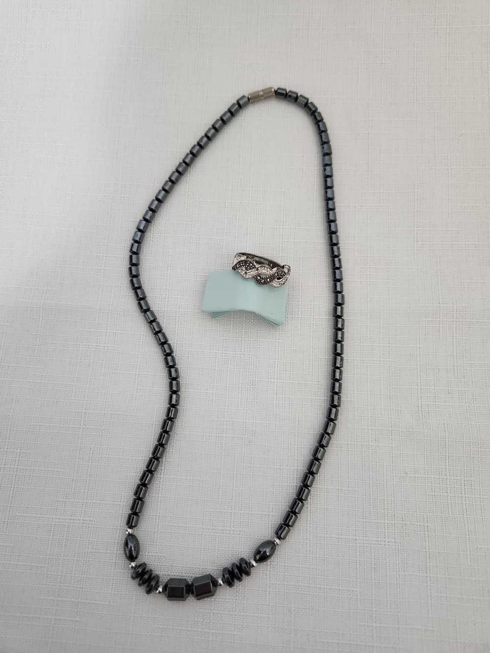 Silver-Tone Hematite Bead Necklace with Silver-Tone Marcasite Accent Ring-size 8